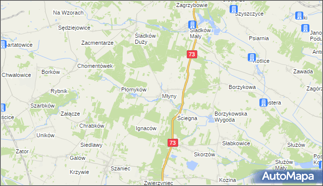 mapa Młyny gmina Busko-Zdrój, Młyny gmina Busko-Zdrój na mapie Targeo