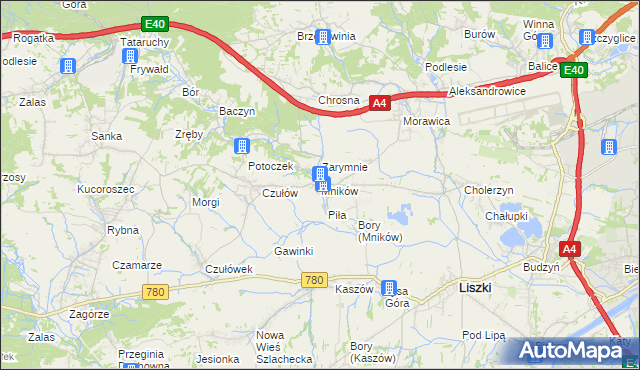 mapa Mników gmina Liszki, Mników gmina Liszki na mapie Targeo