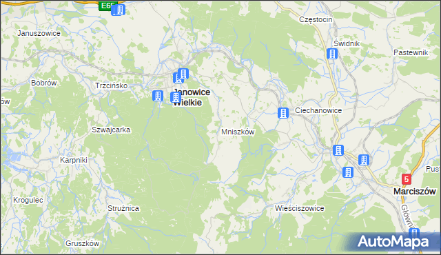 mapa Mniszków gmina Janowice Wielkie, Mniszków gmina Janowice Wielkie na mapie Targeo