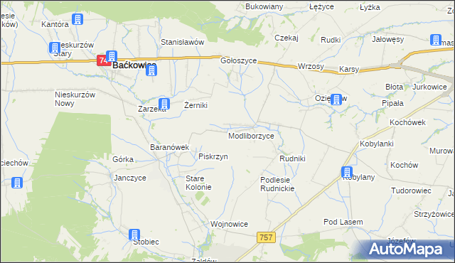 mapa Modliborzyce gmina Baćkowice, Modliborzyce gmina Baćkowice na mapie Targeo