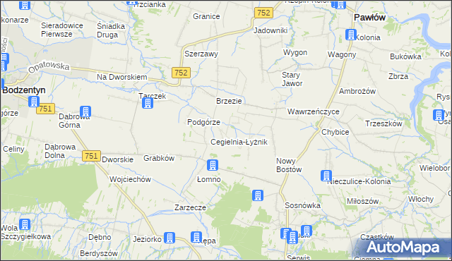mapa Modrzewie gmina Pawłów, Modrzewie gmina Pawłów na mapie Targeo