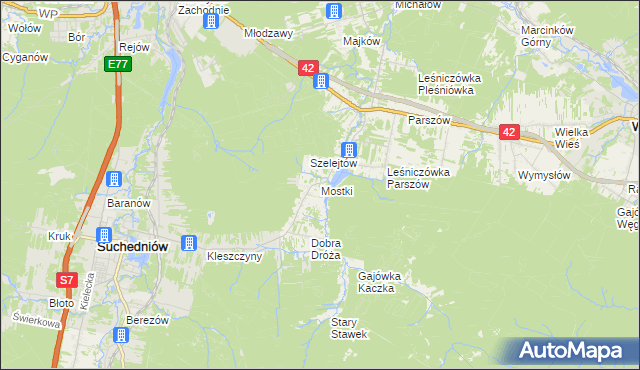 mapa Mostki gmina Suchedniów, Mostki gmina Suchedniów na mapie Targeo