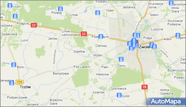 mapa Mostki gmina Zwoleń, Mostki gmina Zwoleń na mapie Targeo