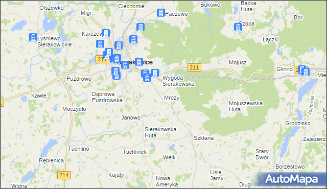 mapa Mrozy gmina Sierakowice, Mrozy gmina Sierakowice na mapie Targeo