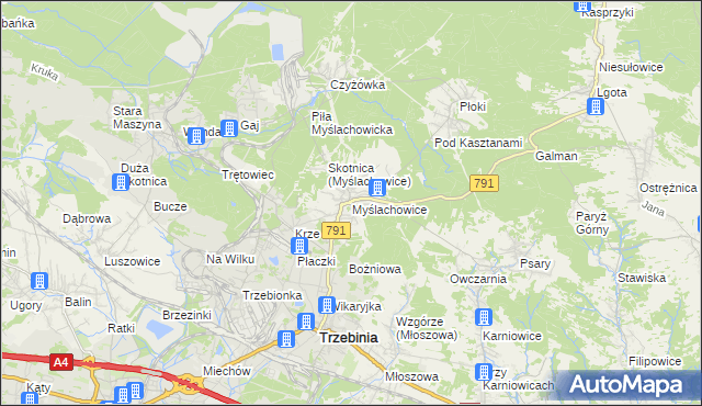 mapa Myślachowice, Myślachowice na mapie Targeo