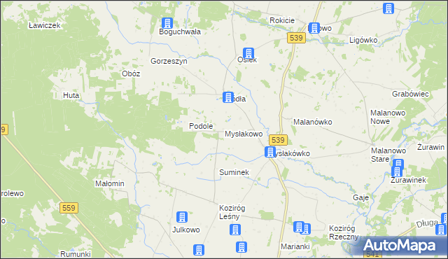 mapa Mysłakowo, Mysłakowo na mapie Targeo