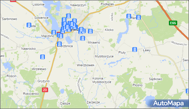 mapa Myśliborzyce gmina Myślibórz, Myśliborzyce gmina Myślibórz na mapie Targeo