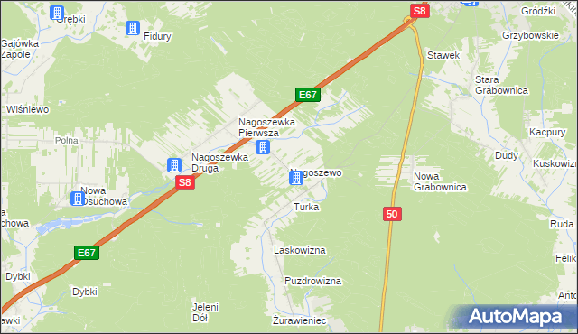 mapa Nagoszewo gmina Ostrów Mazowiecka, Nagoszewo gmina Ostrów Mazowiecka na mapie Targeo