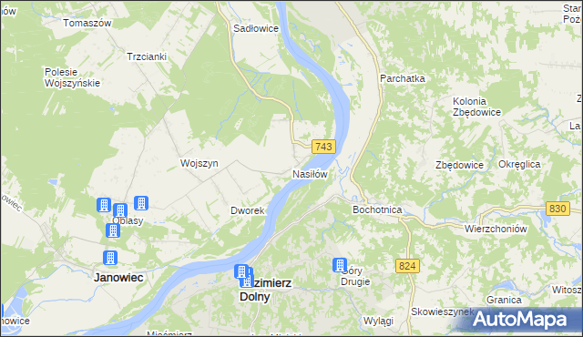 mapa Nasiłów gmina Janowiec, Nasiłów gmina Janowiec na mapie Targeo