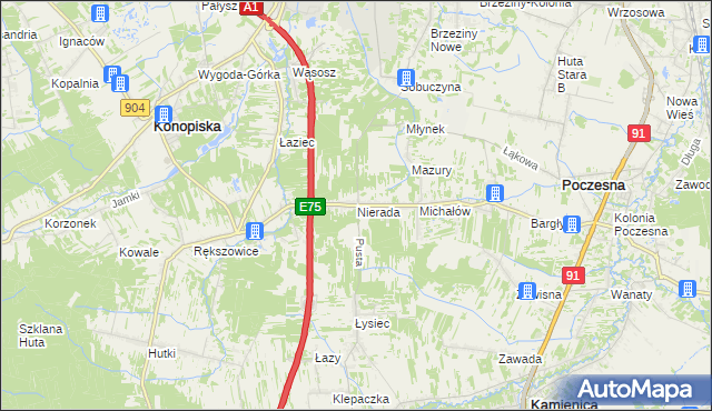 mapa Nierada gmina Poczesna, Nierada gmina Poczesna na mapie Targeo