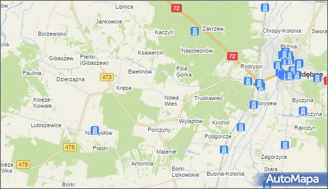 mapa Nowa Wieś gmina Poddębice, Nowa Wieś gmina Poddębice na mapie Targeo