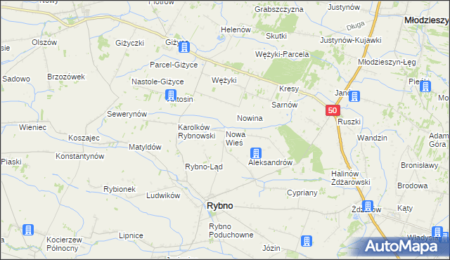 mapa Nowa Wieś gmina Rybno, Nowa Wieś gmina Rybno na mapie Targeo