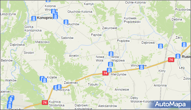 mapa Nowa Wola gmina Rusiec, Nowa Wola gmina Rusiec na mapie Targeo