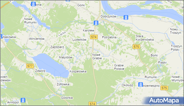 mapa Nowe Grabie gmina Gąbin, Nowe Grabie gmina Gąbin na mapie Targeo
