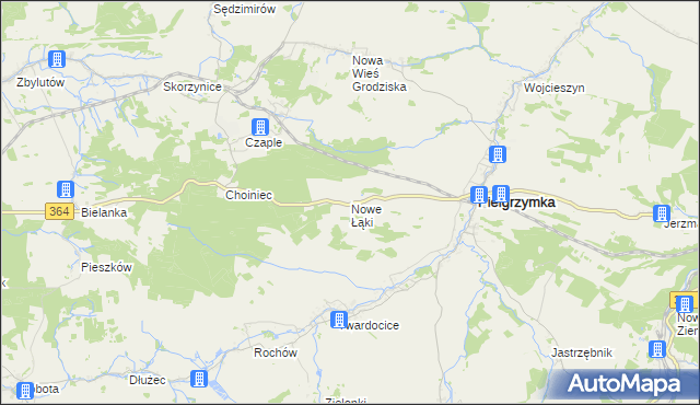 mapa Nowe Łąki gmina Pielgrzymka, Nowe Łąki gmina Pielgrzymka na mapie Targeo