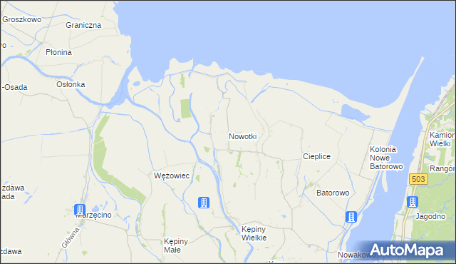 mapa Nowotki gmina Elbląg, Nowotki gmina Elbląg na mapie Targeo