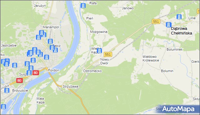 mapa Nowy Dwór gmina Dąbrowa Chełmińska, Nowy Dwór gmina Dąbrowa Chełmińska na mapie Targeo