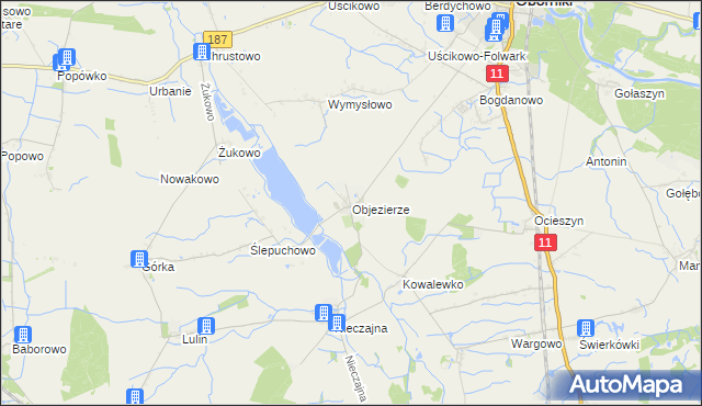 mapa Objezierze gmina Oborniki, Objezierze gmina Oborniki na mapie Targeo