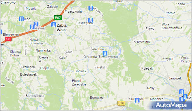 mapa Ojrzanów gmina Żabia Wola, Ojrzanów gmina Żabia Wola na mapie Targeo