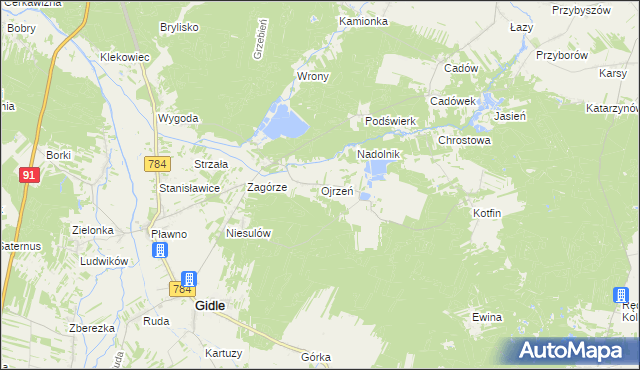 mapa Ojrzeń gmina Gidle, Ojrzeń gmina Gidle na mapie Targeo