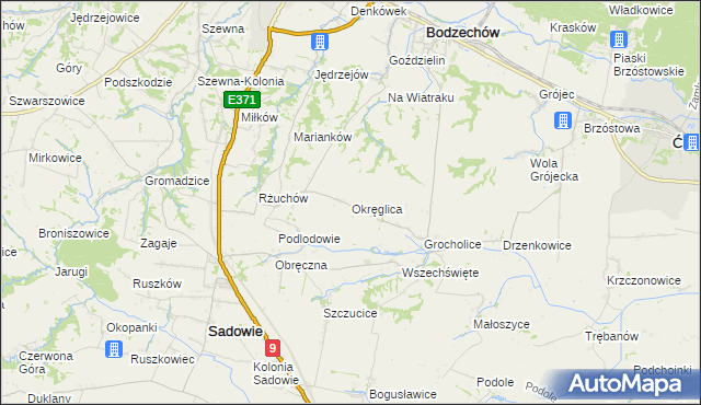 mapa Okręglica gmina Sadowie, Okręglica gmina Sadowie na mapie Targeo