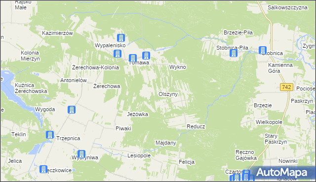 mapa Olszyny gmina Łęki Szlacheckie, Olszyny gmina Łęki Szlacheckie na mapie Targeo