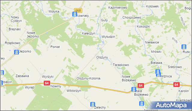 mapa Olszyny gmina Piątnica, Olszyny gmina Piątnica na mapie Targeo