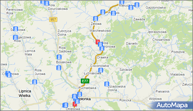 mapa Orawka gmina Jabłonka, Orawka gmina Jabłonka na mapie Targeo
