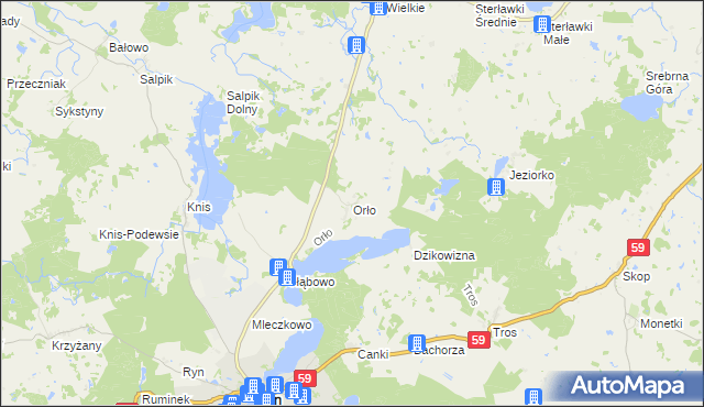 mapa Orło gmina Ryn, Orło gmina Ryn na mapie Targeo