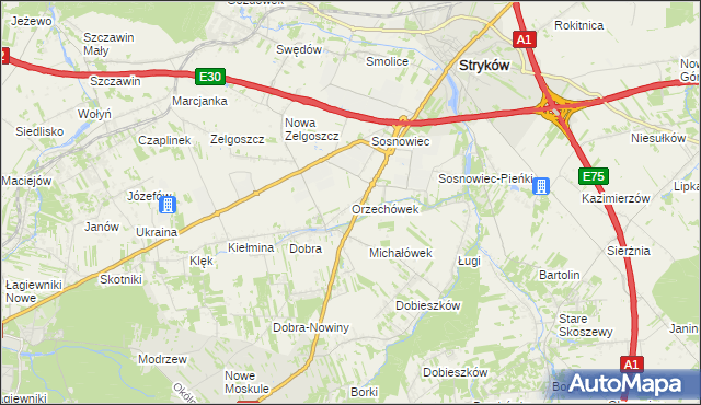mapa Orzechówek gmina Stryków, Orzechówek gmina Stryków na mapie Targeo