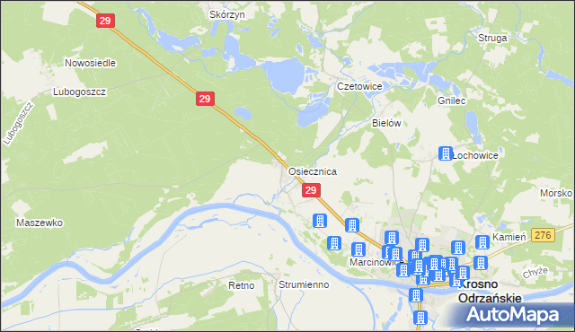 mapa Osiecznica gmina Krosno Odrzańskie, Osiecznica gmina Krosno Odrzańskie na mapie Targeo