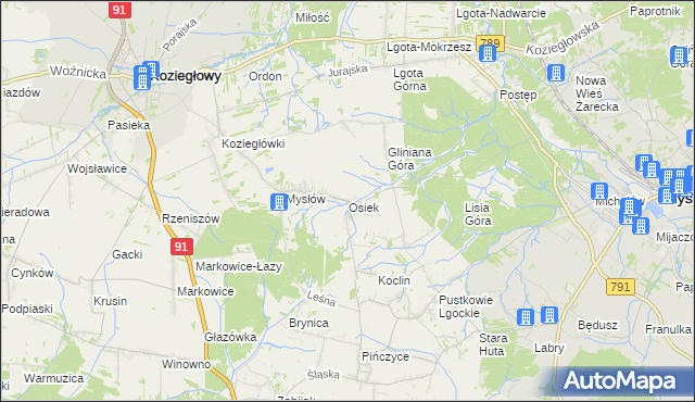 mapa Osiek gmina Koziegłowy, Osiek gmina Koziegłowy na mapie Targeo