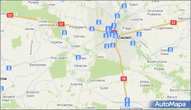 mapa Osiny gmina Zwoleń, Osiny gmina Zwoleń na mapie Targeo