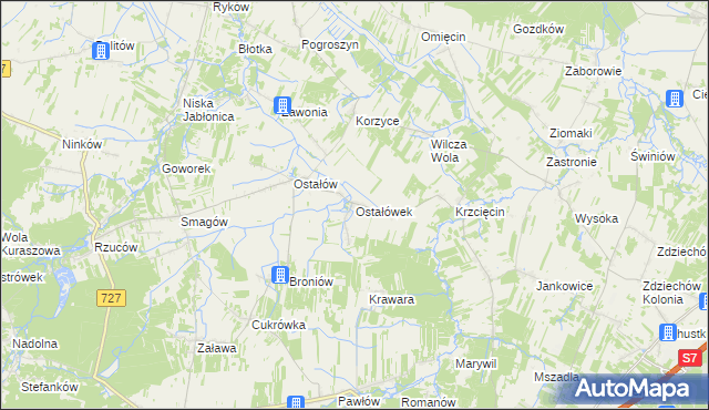 mapa Ostałówek gmina Chlewiska, Ostałówek gmina Chlewiska na mapie Targeo