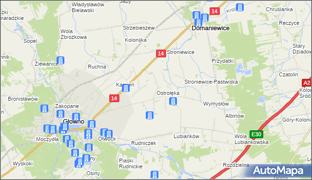 mapa Ostrołęka gmina Głowno, Ostrołęka gmina Głowno na mapie Targeo