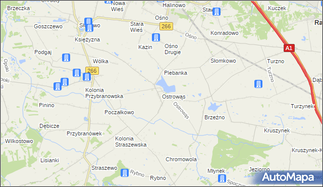 mapa Ostrowąs gmina Aleksandrów Kujawski, Ostrowąs gmina Aleksandrów Kujawski na mapie Targeo