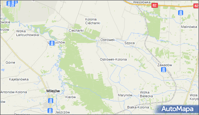 mapa Ostrówek-Kolonia gmina Milejów, Ostrówek-Kolonia gmina Milejów na mapie Targeo