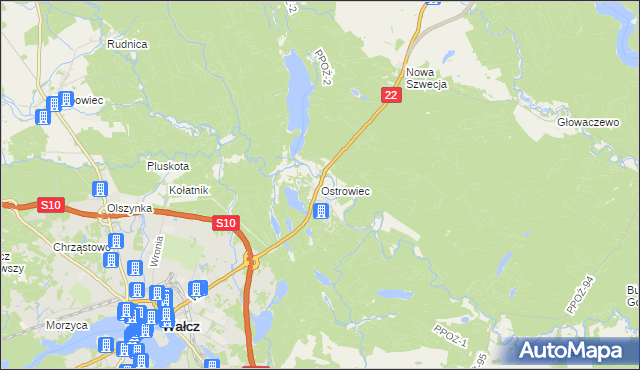 mapa Ostrowiec gmina Wałcz, Ostrowiec gmina Wałcz na mapie Targeo