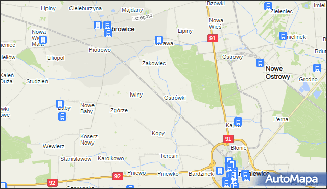 mapa Ostrówki gmina Dąbrowice, Ostrówki gmina Dąbrowice na mapie Targeo