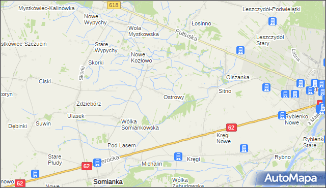 mapa Ostrowy gmina Somianka, Ostrowy gmina Somianka na mapie Targeo