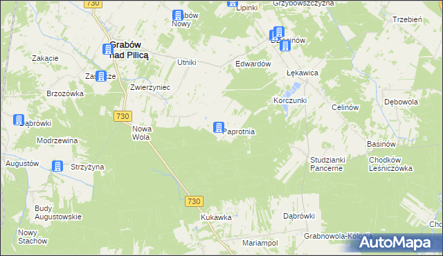 mapa Paprotnia gmina Grabów nad Pilicą, Paprotnia gmina Grabów nad Pilicą na mapie Targeo