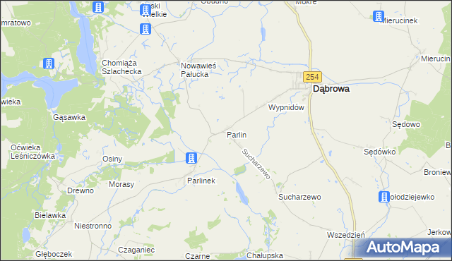 mapa Parlin gmina Dąbrowa, Parlin gmina Dąbrowa na mapie Targeo