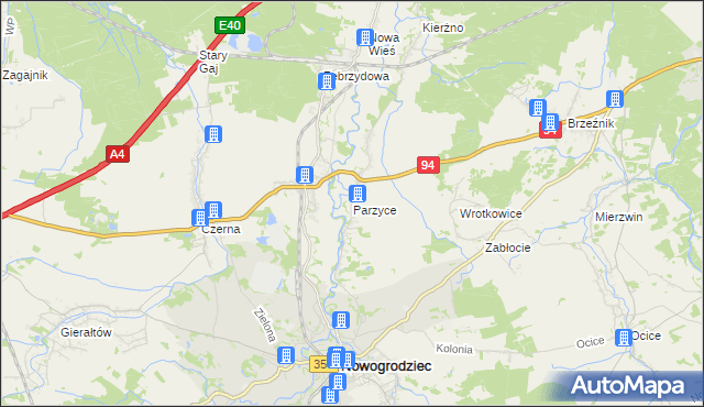 mapa Parzyce gmina Nowogrodziec, Parzyce gmina Nowogrodziec na mapie Targeo