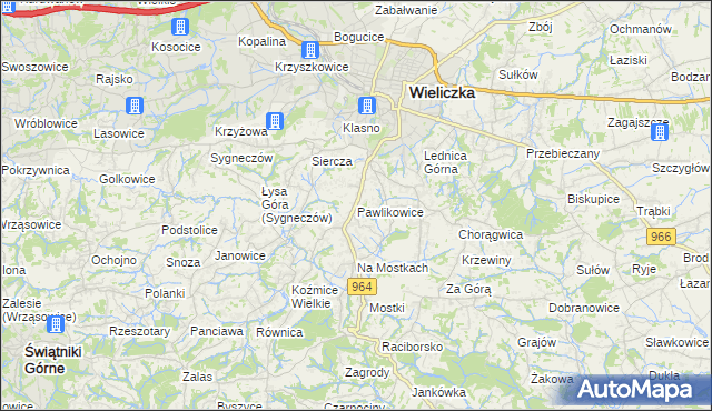 mapa Pawlikowice gmina Wieliczka, Pawlikowice gmina Wieliczka na mapie Targeo