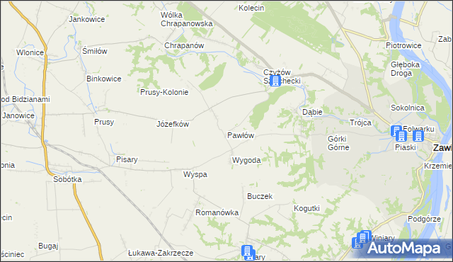mapa Pawłów gmina Zawichost, Pawłów gmina Zawichost na mapie Targeo