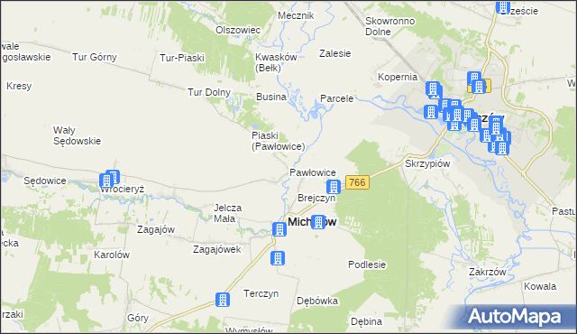 mapa Pawłowice gmina Michałów, Pawłowice gmina Michałów na mapie Targeo