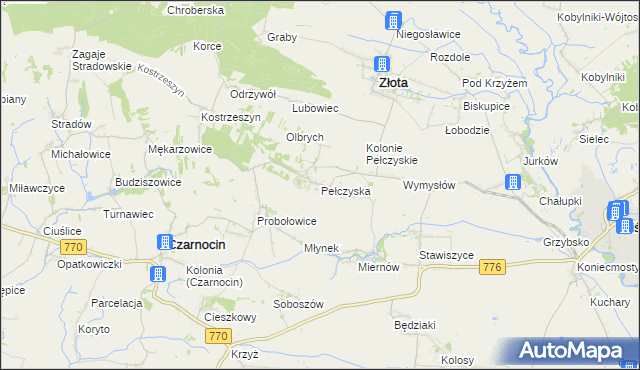 mapa Pełczyska gmina Złota, Pełczyska gmina Złota na mapie Targeo