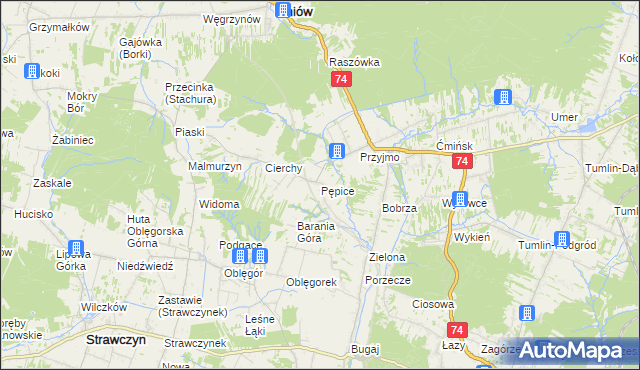 mapa Pępice gmina Mniów, Pępice gmina Mniów na mapie Targeo