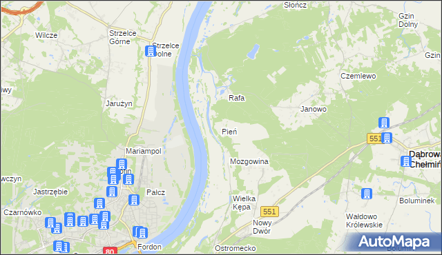 mapa Pień gmina Dąbrowa Chełmińska, Pień gmina Dąbrowa Chełmińska na mapie Targeo