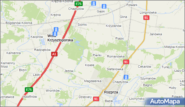 mapa Pieńki gmina Rozprza, Pieńki gmina Rozprza na mapie Targeo